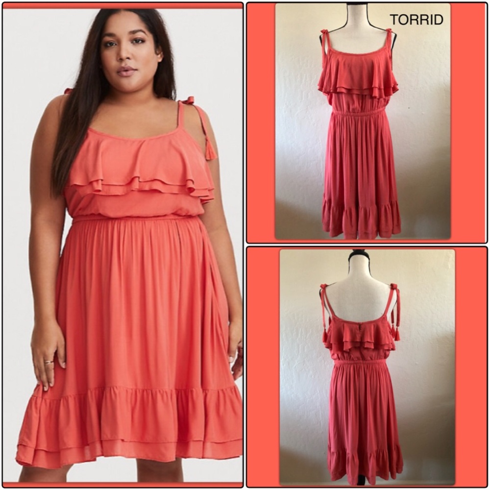 TORRID-100% Rayon Coral dress W/tassel tie straps
